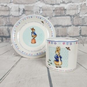 Vintage 2002  Wedgwood Peter Rabbit Christening Bank and Plate Collectable Set
